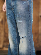 BLINDNOPLAN Distressed Dark Wash Straight Jeans in Blue - On Model