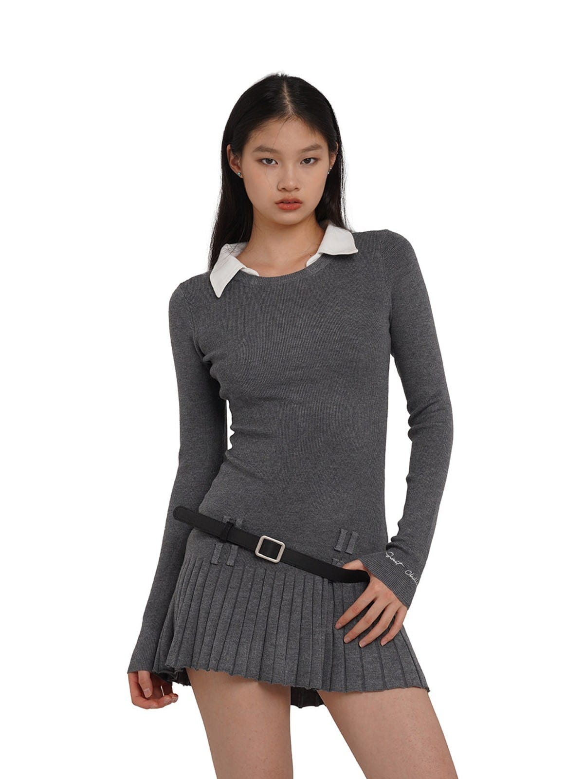 SweetChilling Layered Look Pleated Dress with Belt in Light Gray - On Female Model