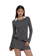SweetChilling Layered Look Pleated Dress with Belt in Light Gray - On Female Model