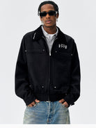 MEDM Embroidered Harrington Jacket in Black - On Male Model