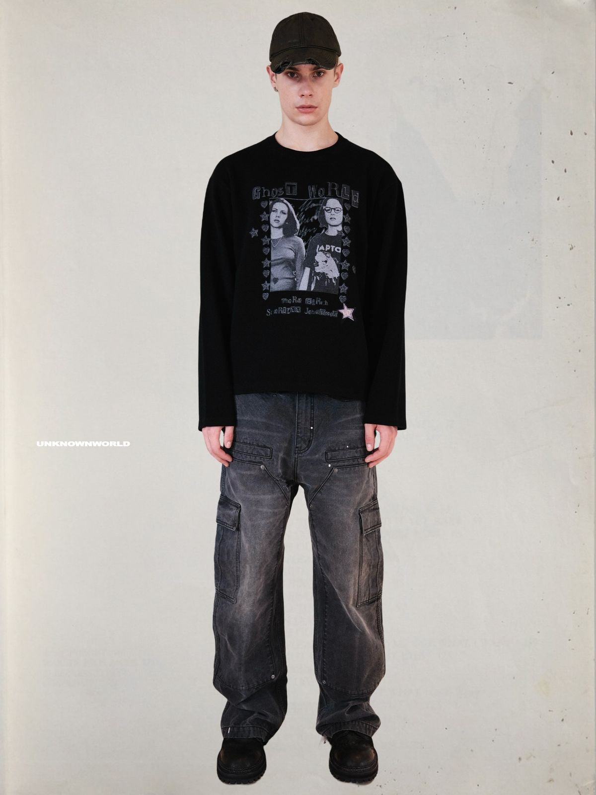 UNKNOWNWORLD Ghost World Graphic Waffle Knit Sweatshirt in Black - On Male Model