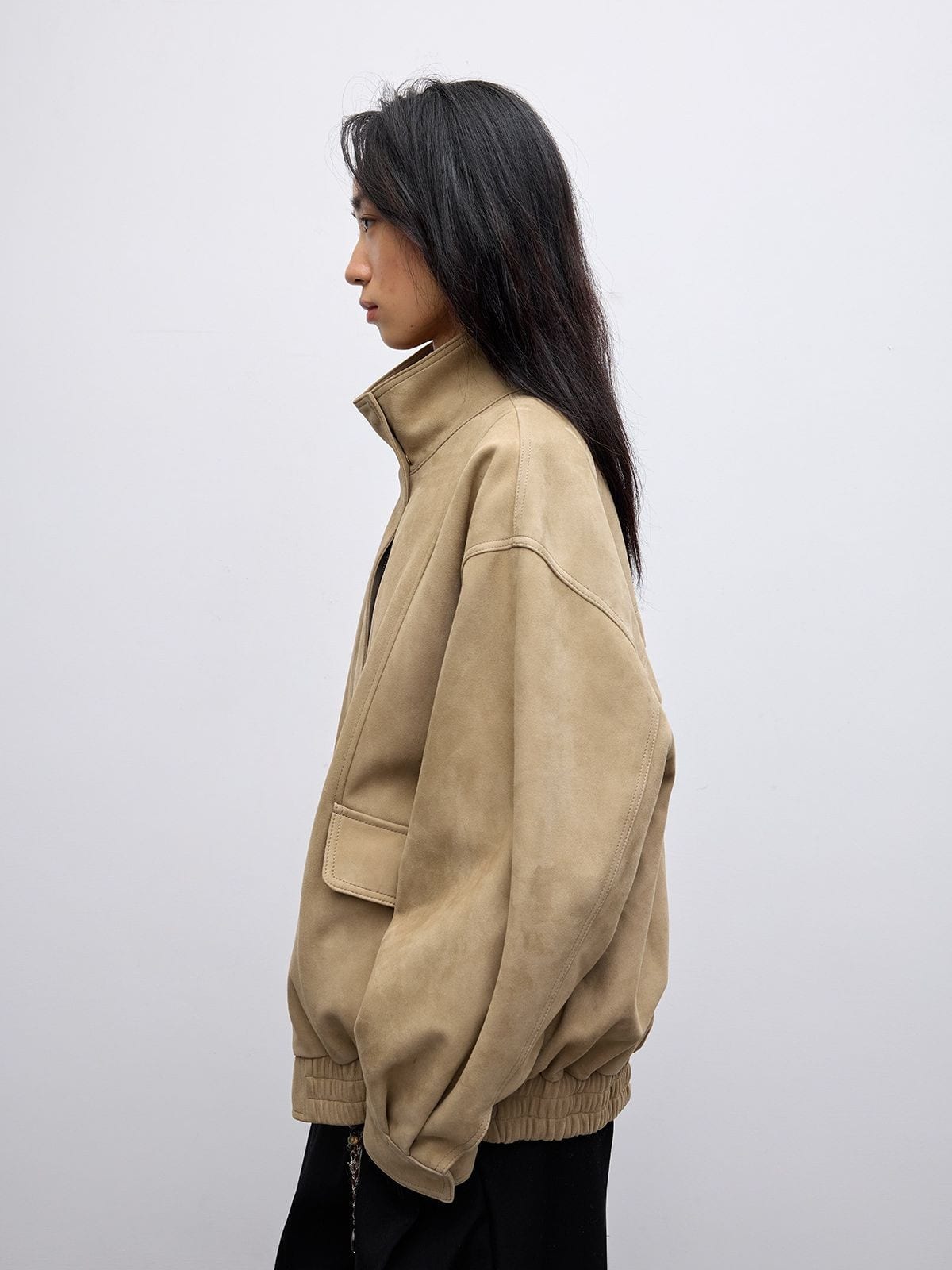 Random Piece Sheepskin Suede Stand Collar Jacket in Khaki - On Female Model