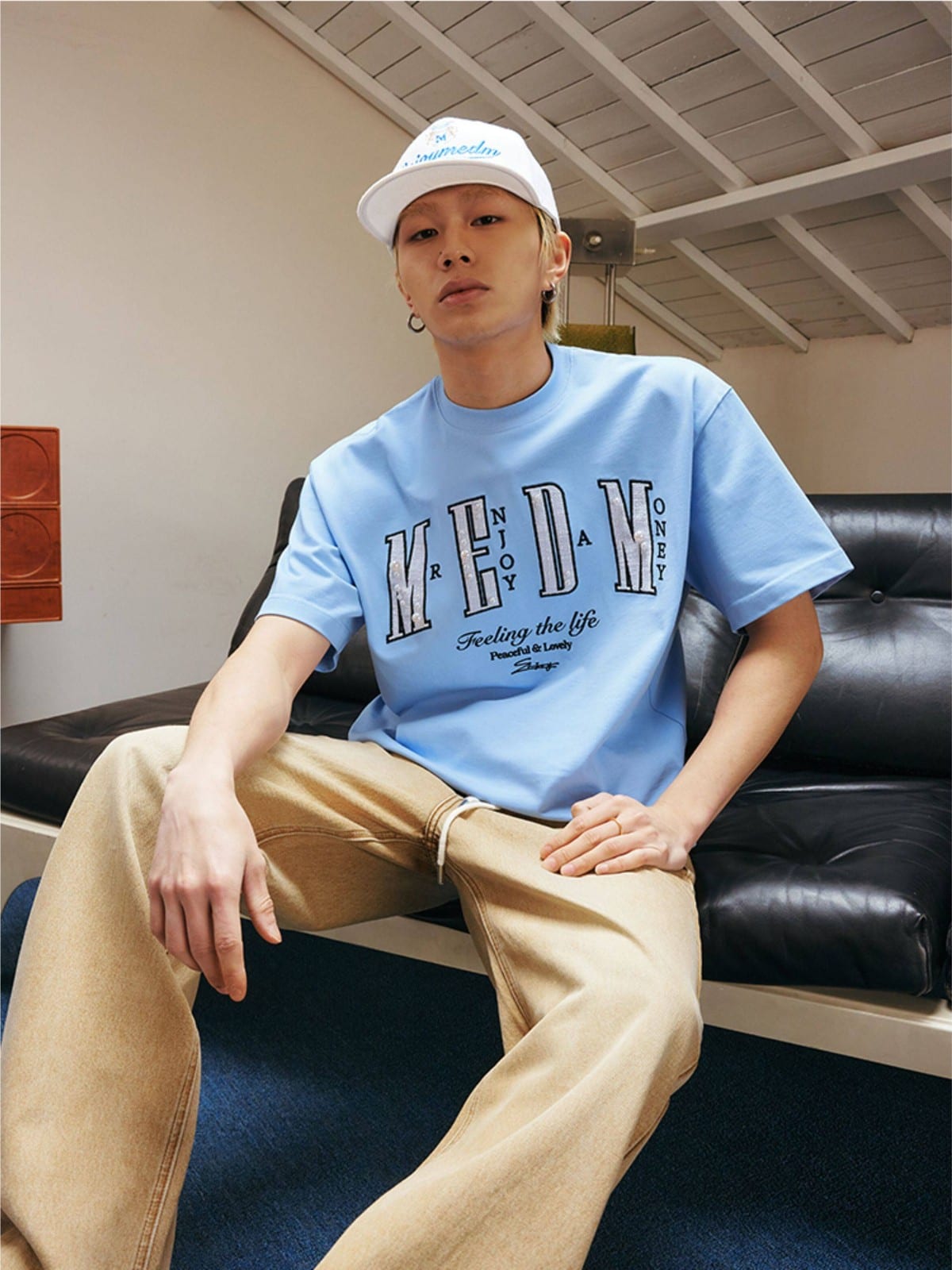 MEDM Pearl Embellished Letter Cotton T Shirt in Sky Blue - On Male Model