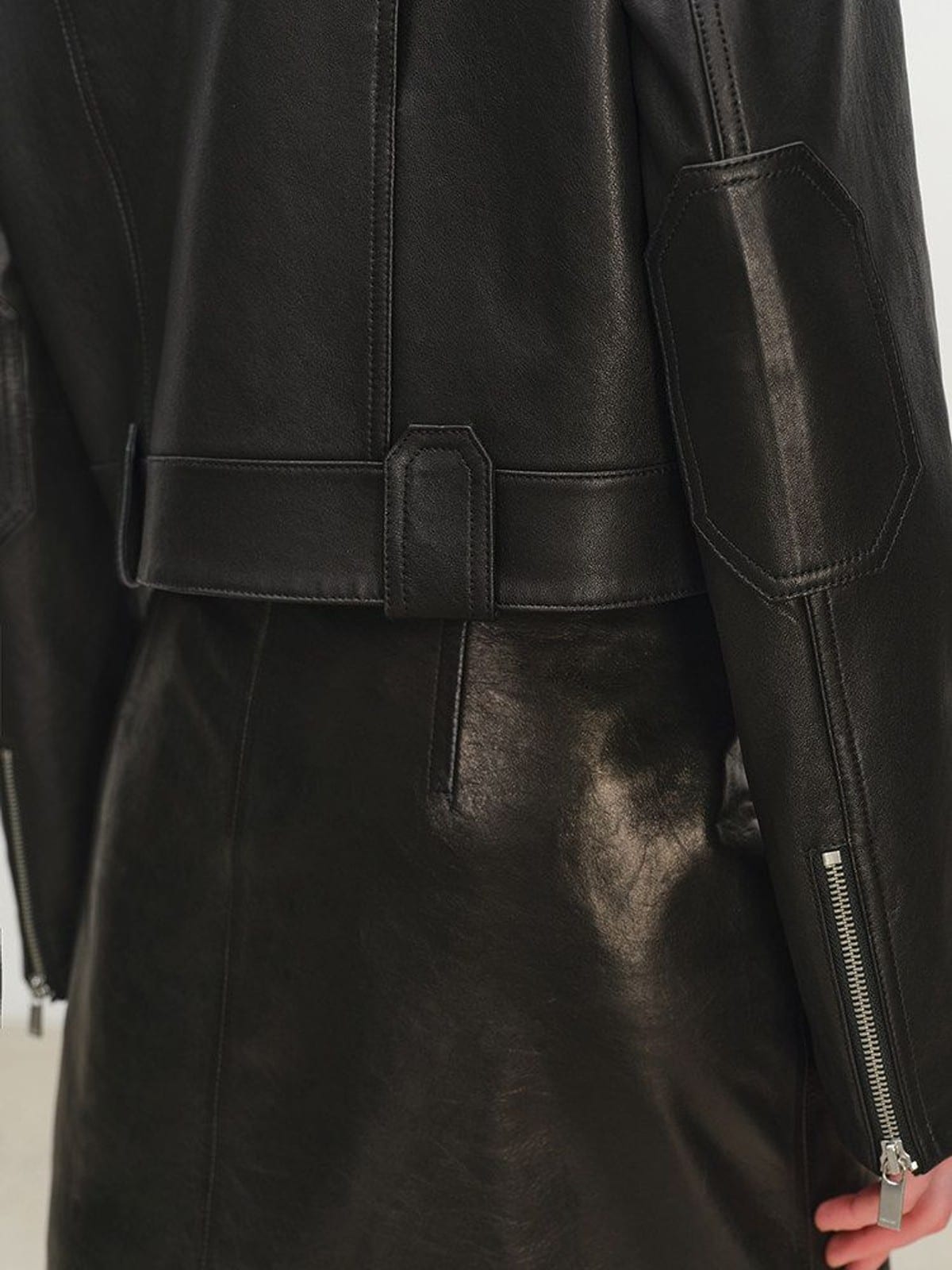 MSBEAST Cropped Sheepskin Moto Jacket in Black - On Female Model
