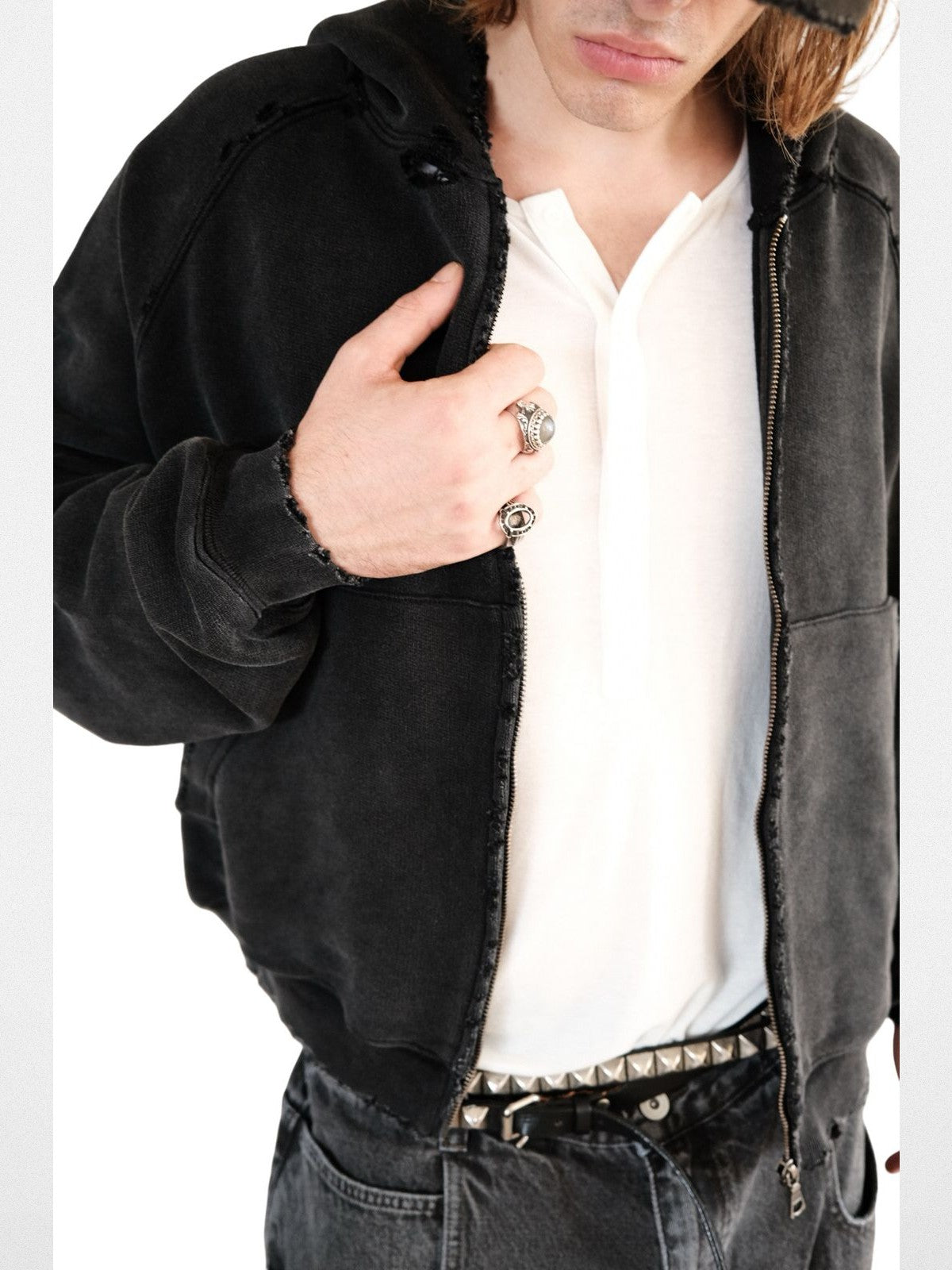 UNKNOWNWORLD Distressed Washed Zip Up Hoodie in Black - On Male Model