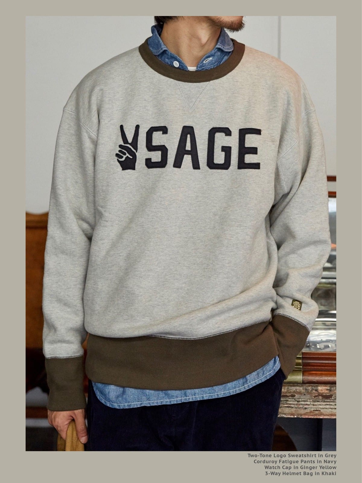 USAGE Graphic Two Tone Cotton Sweatshirt in Gray - On Male Model