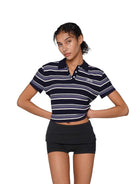 SweetChilling Textured Striped Cropped Polo in Navy Blue - On Female Model