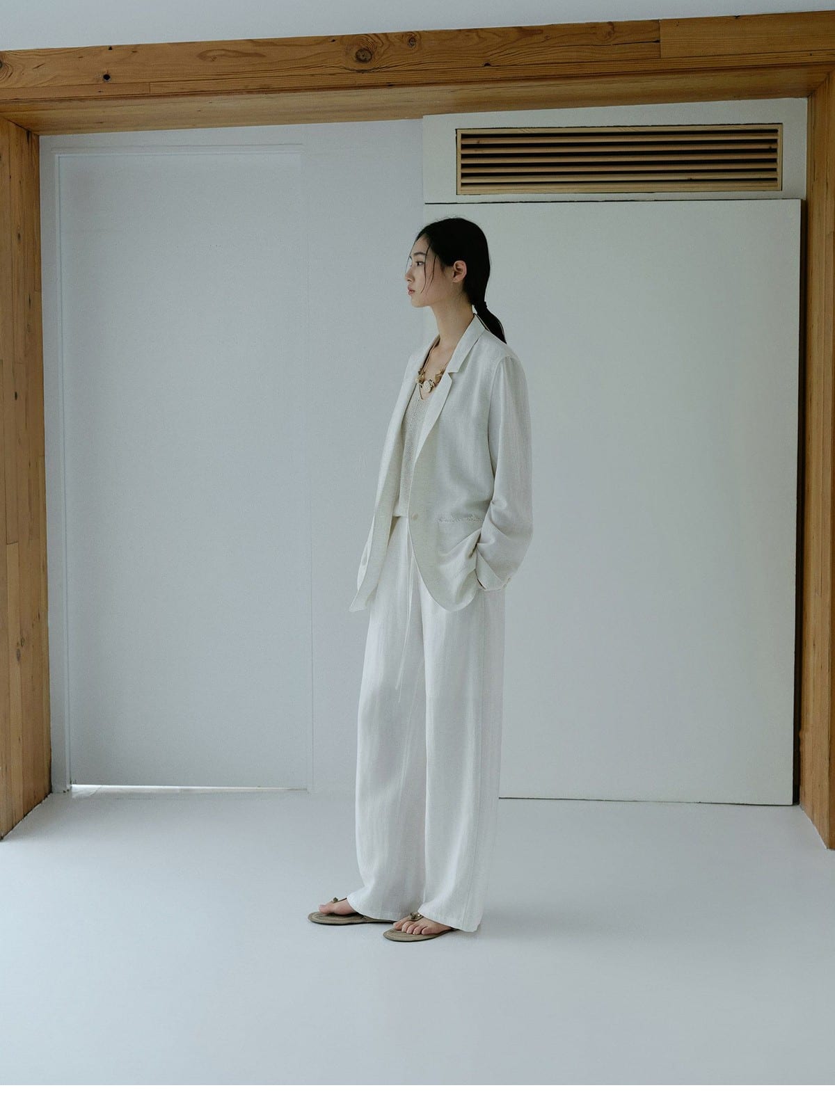 TEASEL Linen Blend Blazer Wide Leg Pants Set in White - On Female Model