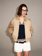 PUKI Washed Cotton Barn Jacket in Khaki - On Female Model