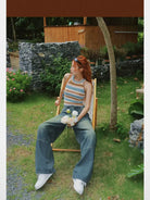 BeerBro Vintage Wash Straight Leg Jeans in Blue - On Female Model
