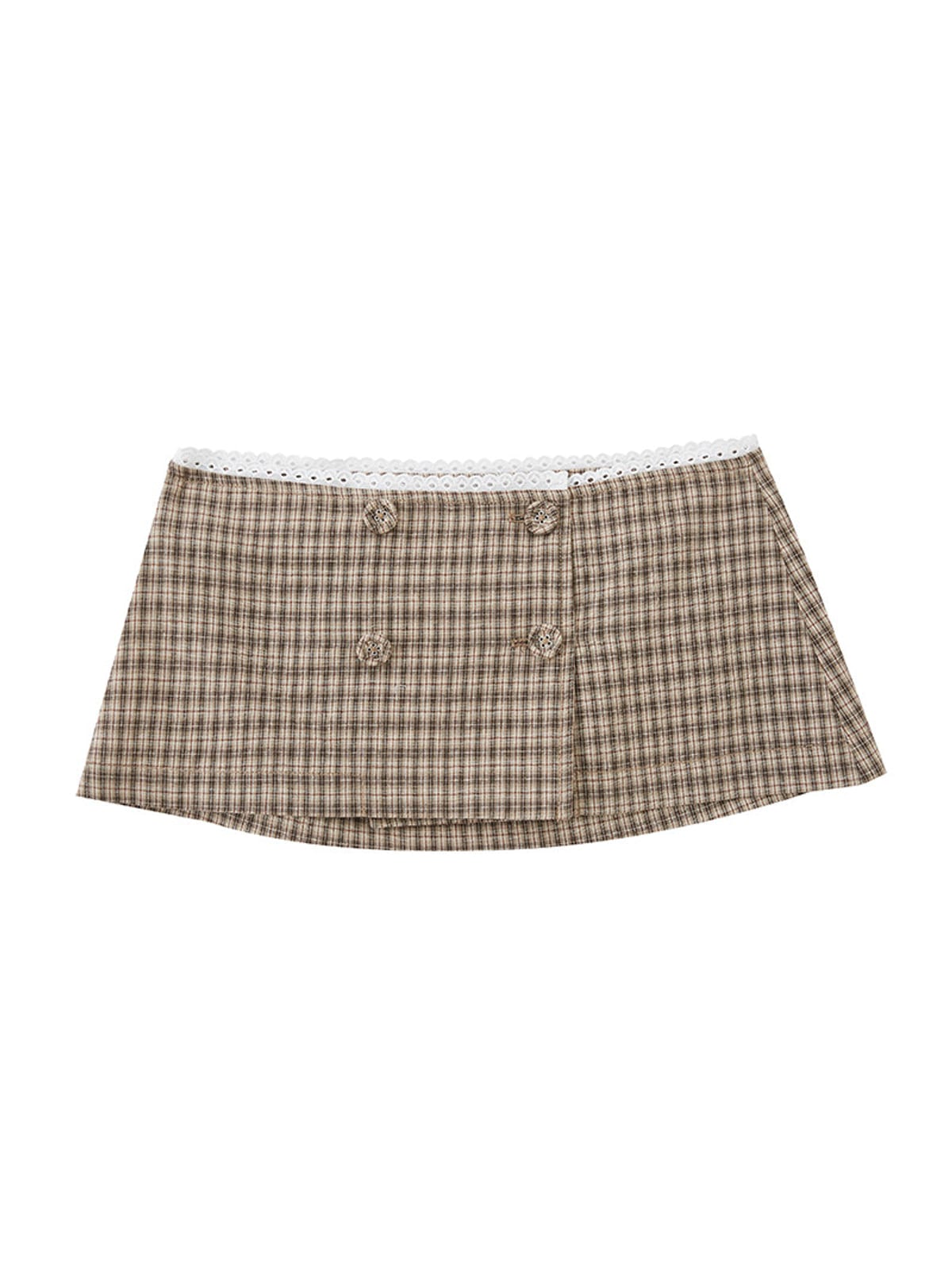SweetChilling Plaid Lace Trim Double Breasted Shorts in Brown