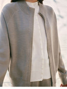 TEASEL Worsted Wool Mock Neck Cardigan in Cream - On Female Model