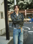 Retro 21 Distressed Faux Leather Biker Jacket in Black - On Male Model