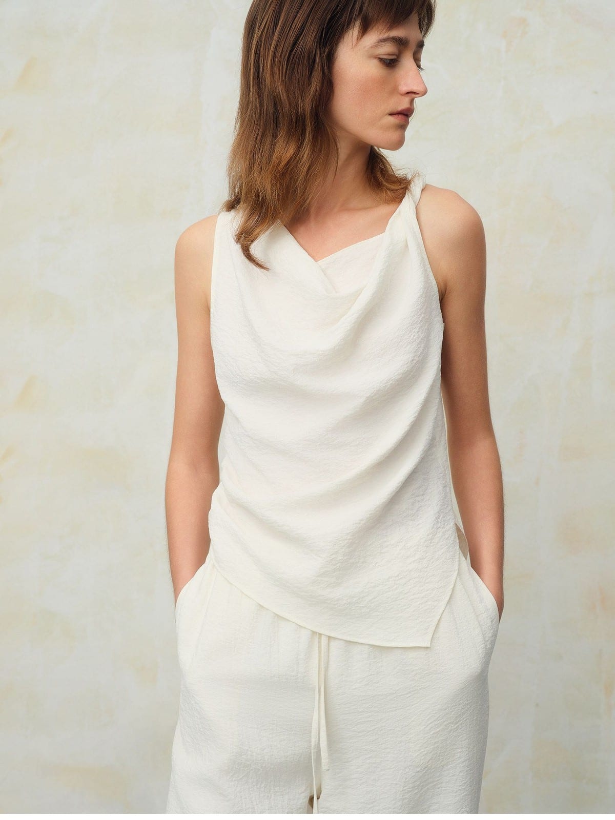 TEASEL Crinkled Silk Blend Shirt Pants Set in Cream - On Female Model