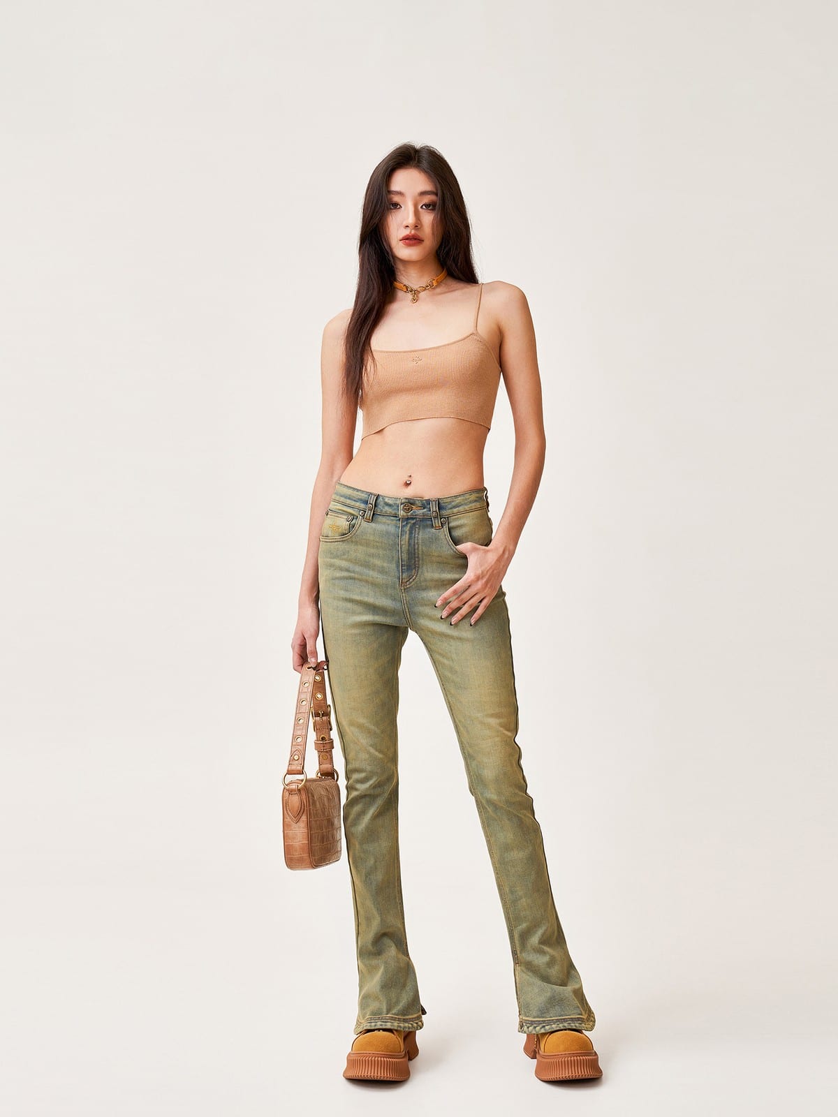 SMFK High Waisted Horseshoe Flare Jeans in Denim - On Female Model
