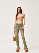 SMFK High Waisted Horseshoe Flare Jeans in Denim - On Female Model