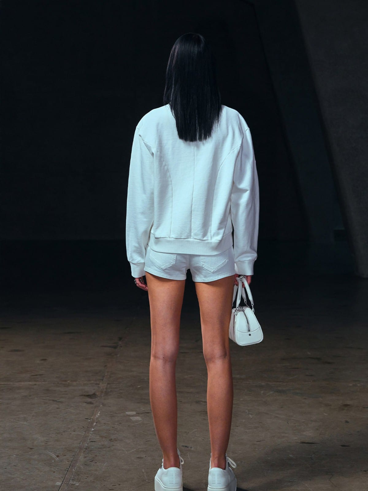 SMFK Asymmetric Zip Cotton Track Jacket in White - On Female Model