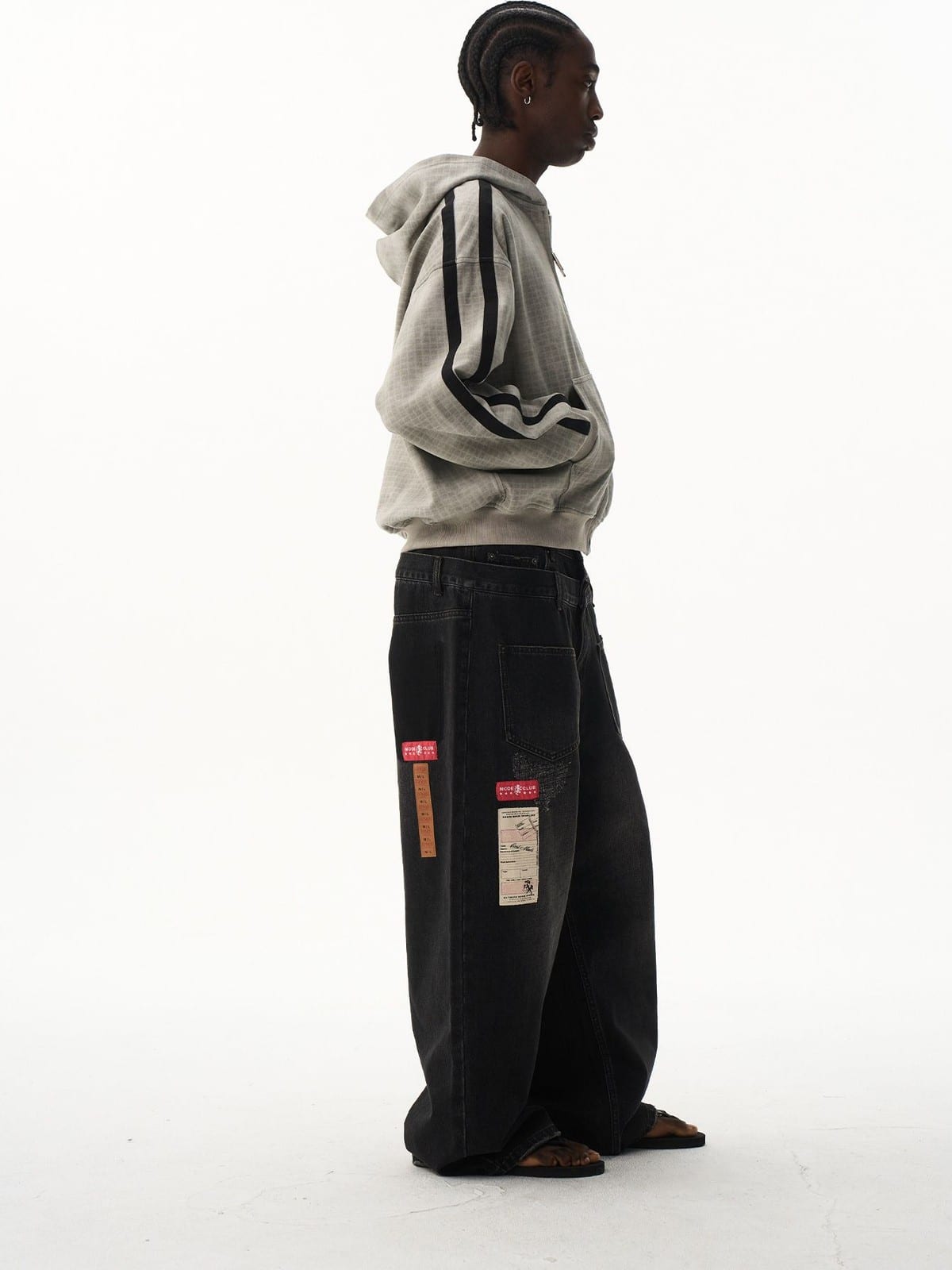 BLINDNOPLAN Distressed Embroidered Zip Up Hoodie in Gray - On Male Model