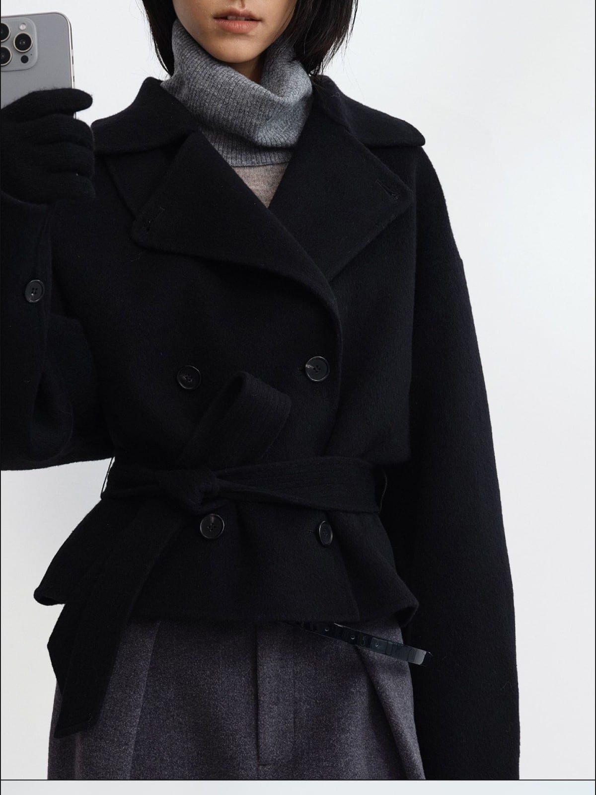 RARELY ALIKE Belted Double Breasted Short Wool Coat in Black - On Female Model