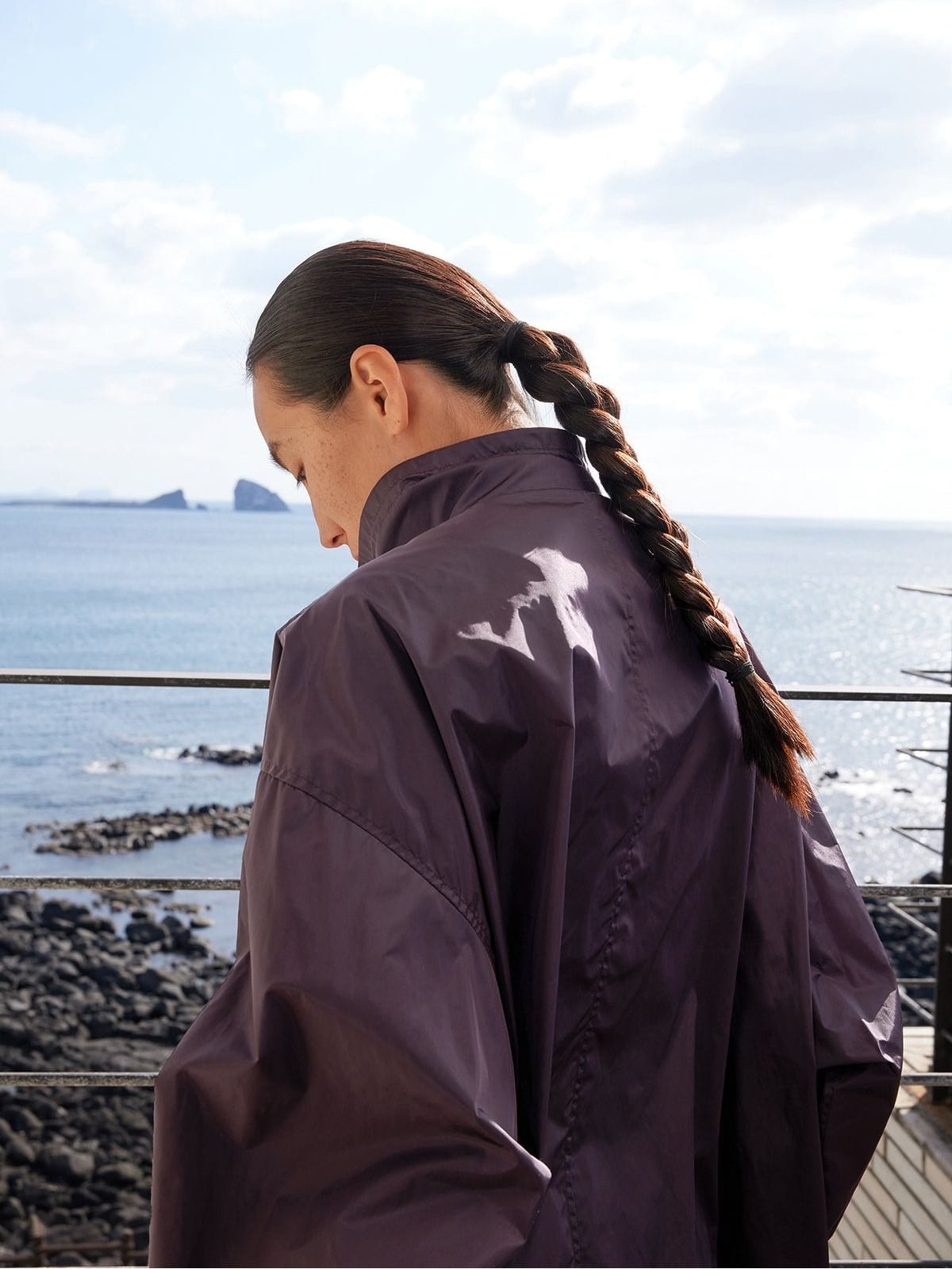 Random Piece Stand Collar Polyamide Windbreaker in Brown - On Female Model