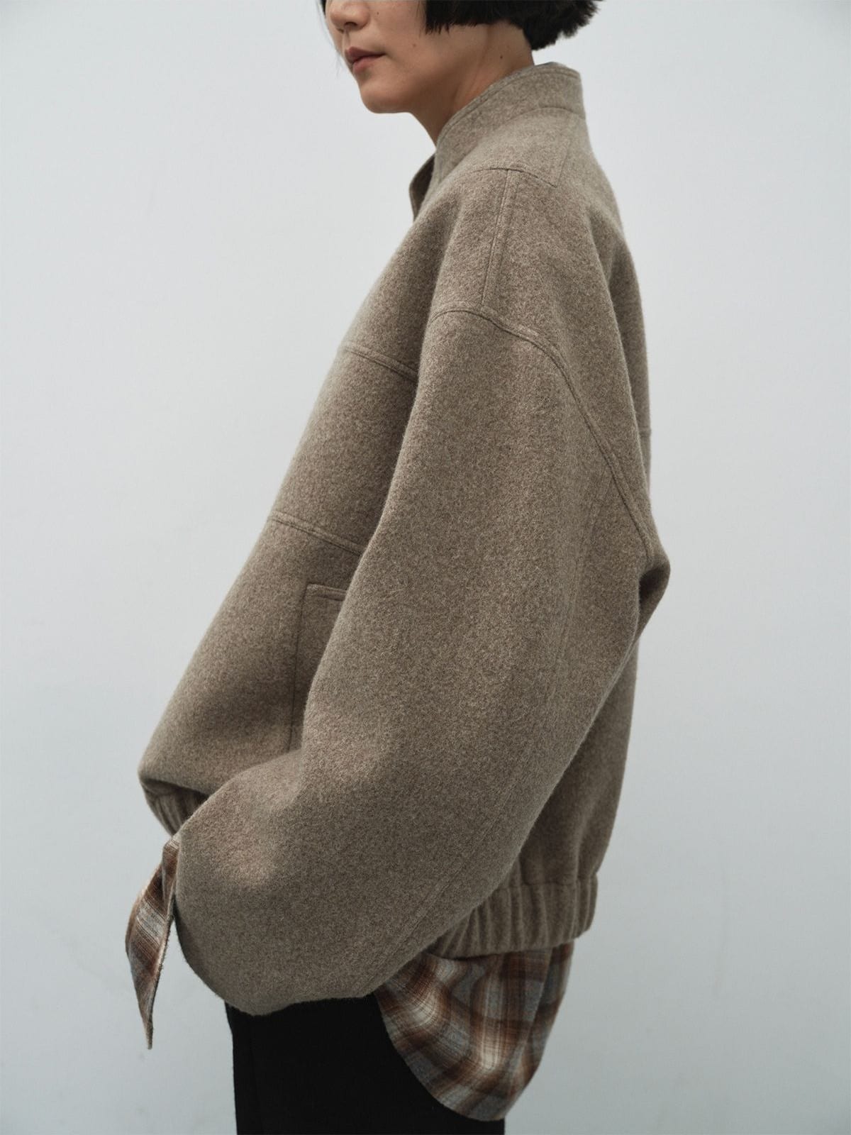 Random Piece Super 110S Wool Bomber Jacket in Brown - On Female Model