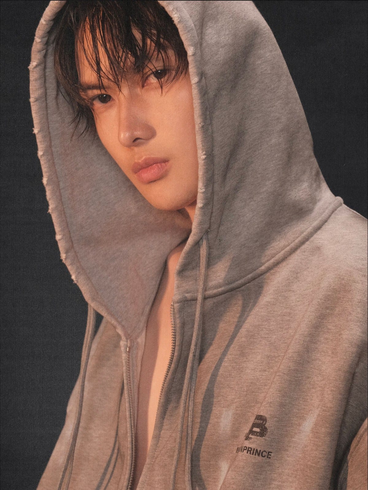 MASONPRINCE Distressed Painted Zip Up Hoodie in Gray - On Male Model