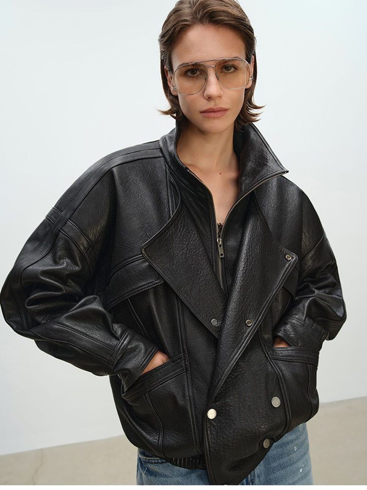 MSBEAST Stand Collar Textured Leather Jacket in Black - On Female Model