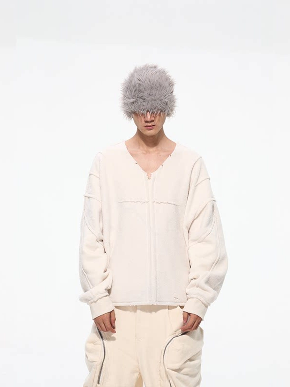 D5ove Distressed V Neck Fleece Sweatshirt in Cream - On Male Model