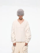 D5ove Distressed V Neck Fleece Sweatshirt in Cream - On Male Model