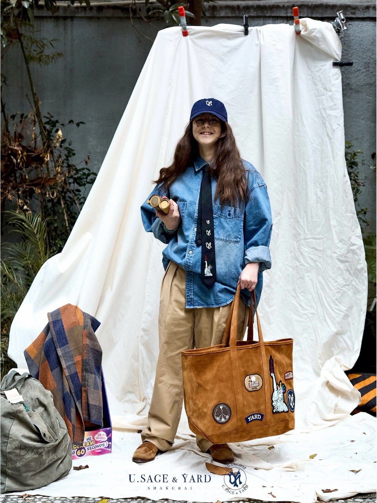 USAGE Washed Distressed Denim Shirt in Denim - On Female Model
