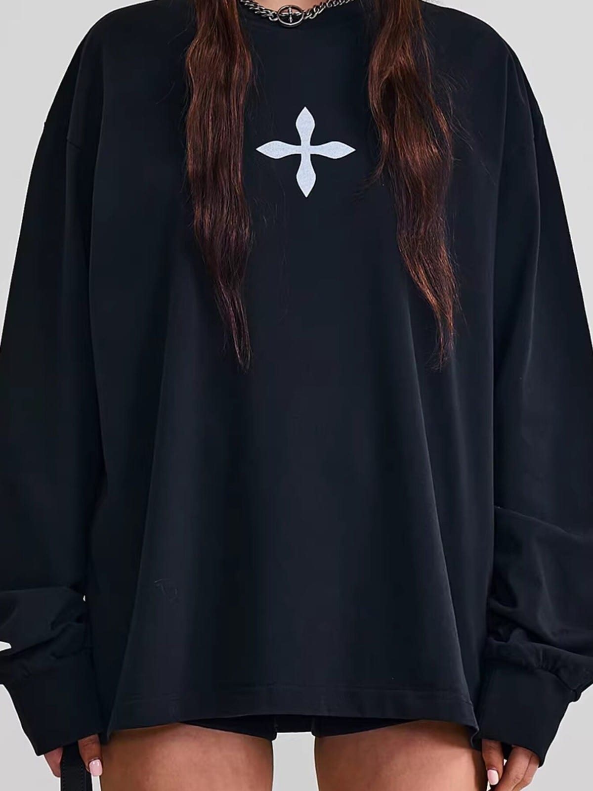 SMFK Oversized Cotton Long Sleeve Sweatshirt in Black - On Female Model
