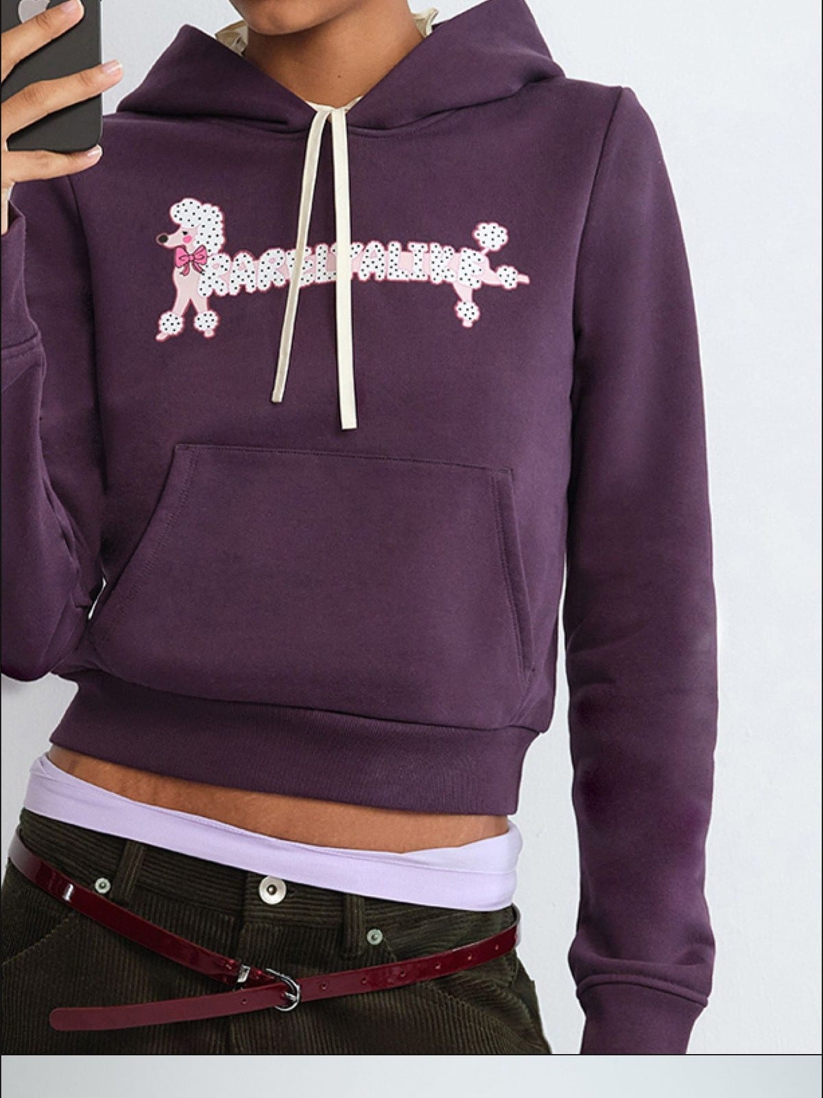 RARELY ALIKE Polka Dot Poodle Cropped Hoodie in Purple - On Model