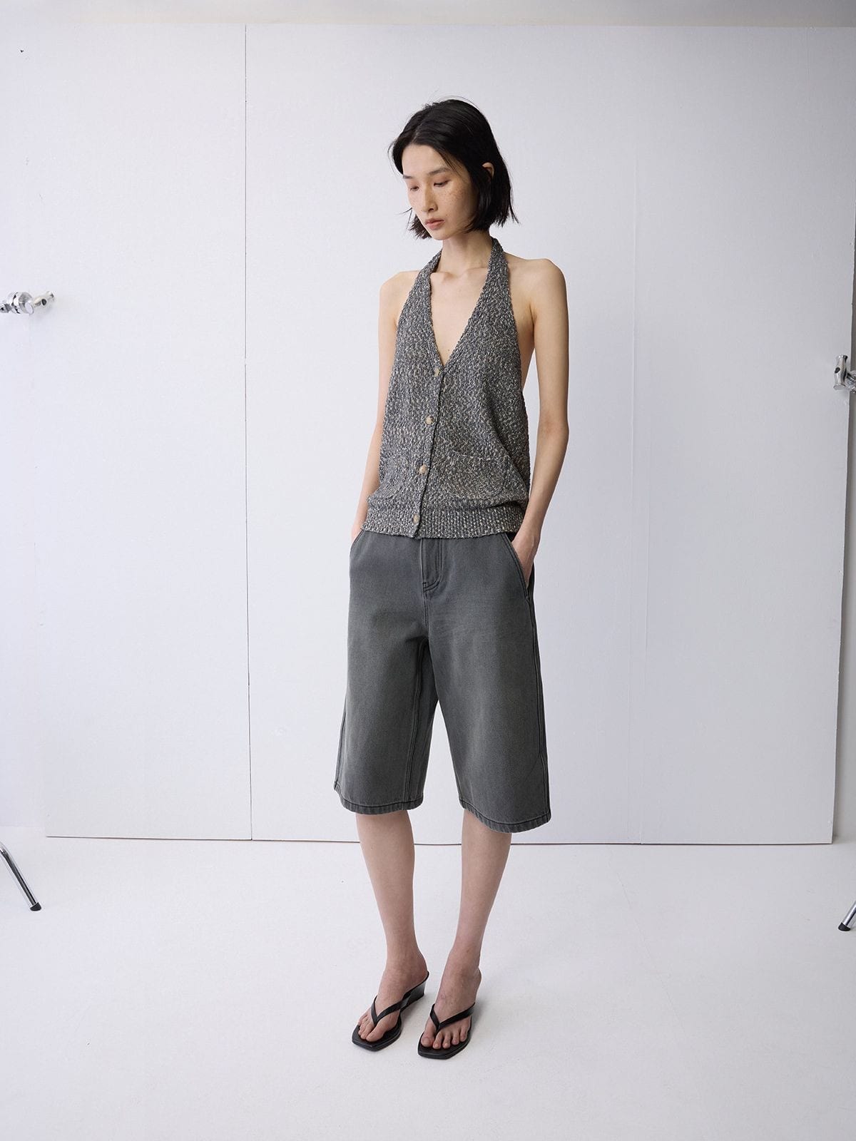 Random Piece Vintage Wash A Line Denim Shorts in Gray - On Female Model