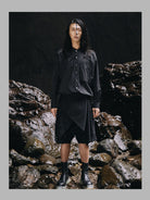 D5ove Mid Length Band Collar Shirt in Black - On Male Model