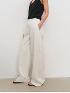 MSBEAST Textured Cotton Wide Leg Trousers in White - On Female Model