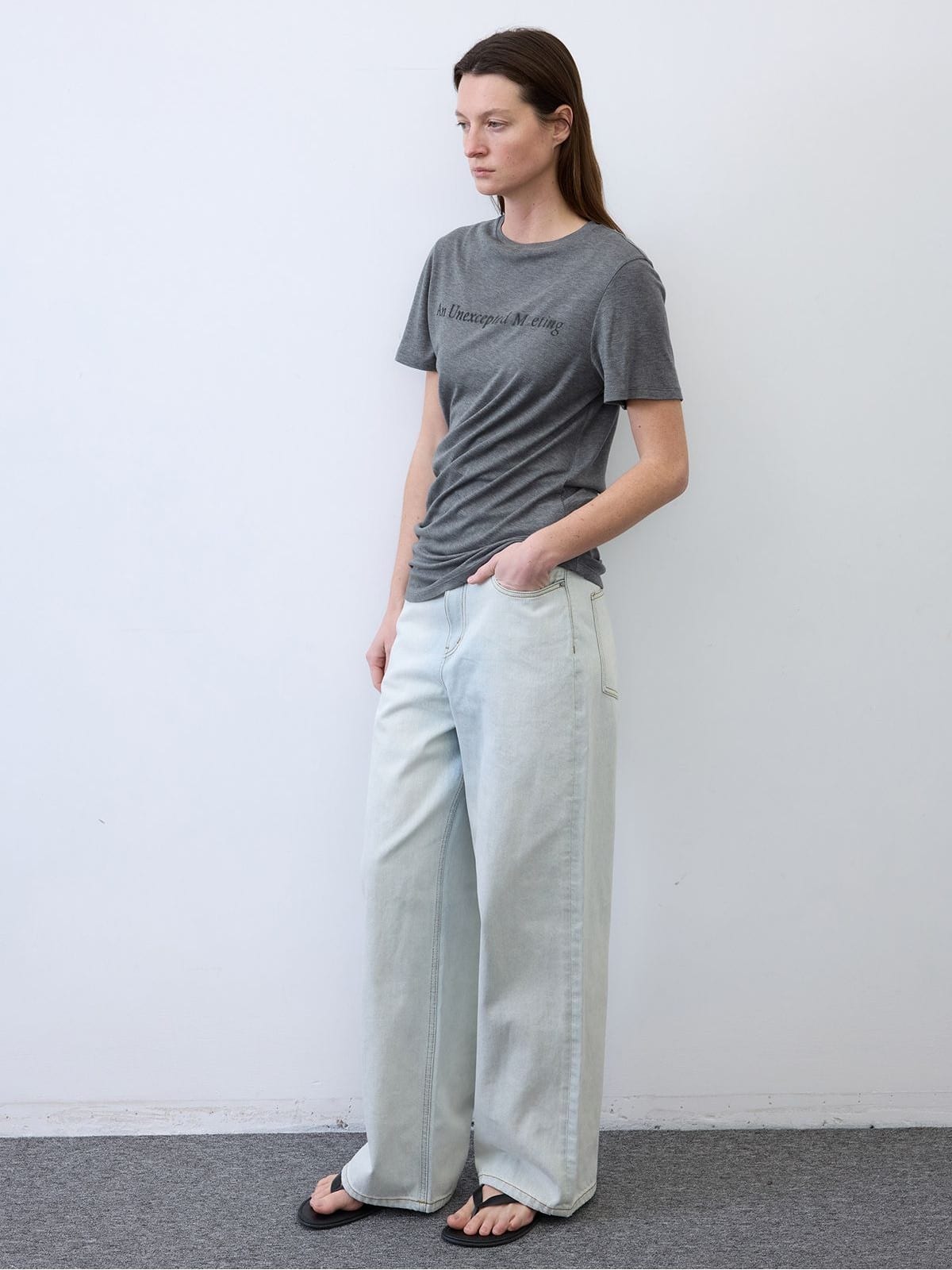Random Piece Lyocell Blend Letter Print T Shirt in Gray - On Female Model