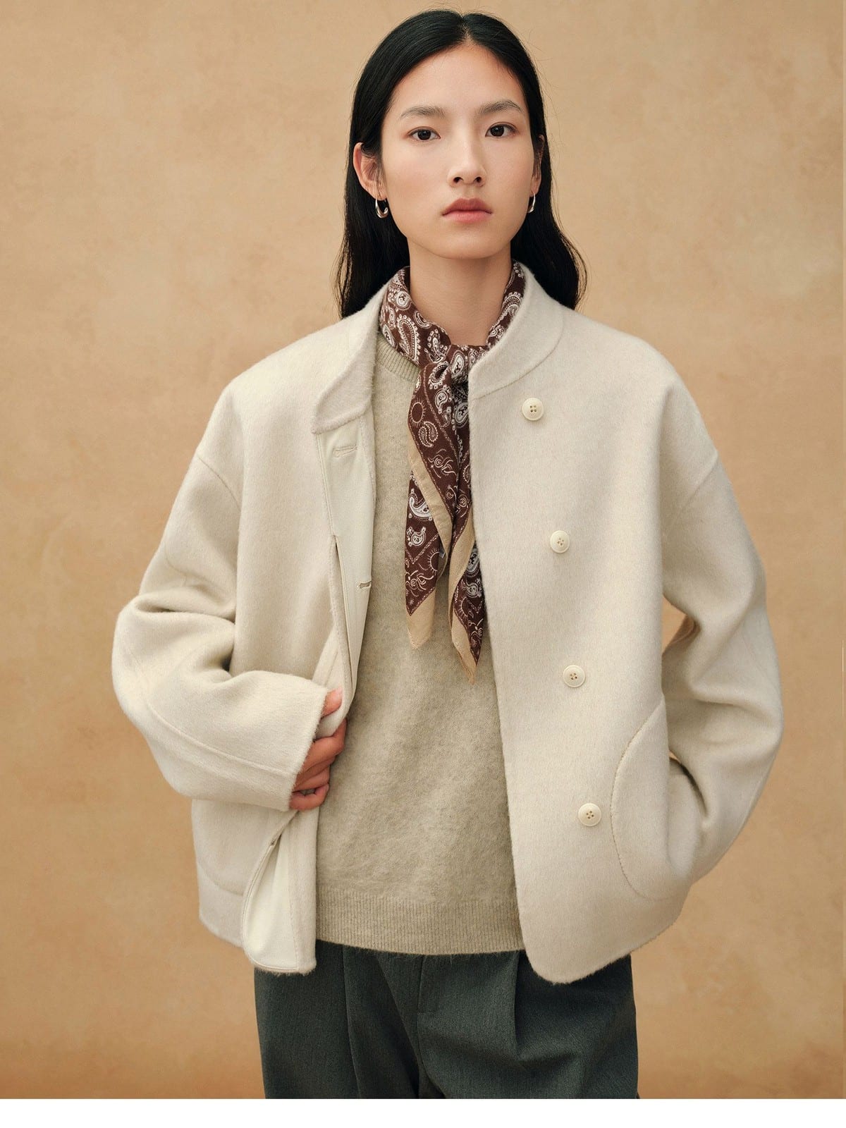 TEASEL Wool Blend Stand Collar Short Coat in Oatmeal - On Female Model