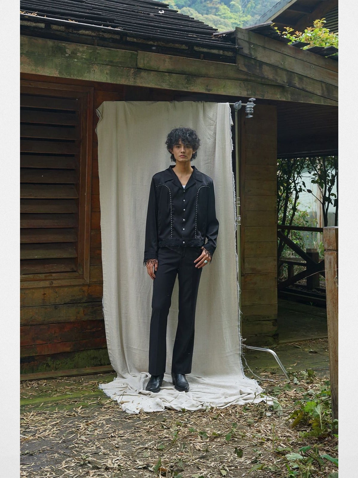 Retro21 Western Fringe Shirt Jacket in Black - On Male Model