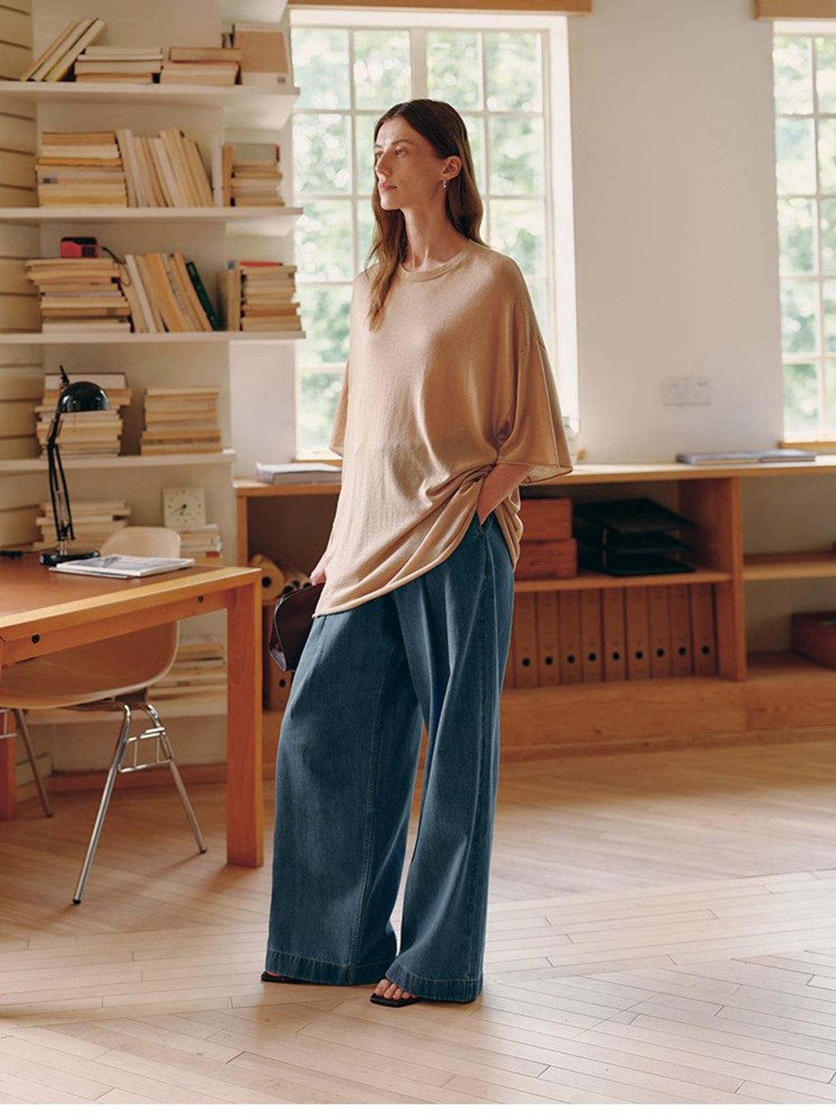MSBEAST Silk Cotton Pleated Wide Leg Jeans in Denim - On Female Model