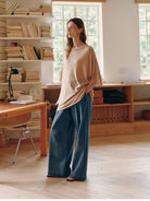 MSBEAST Silk Cotton Pleated Wide Leg Jeans in Denim - On Female Model