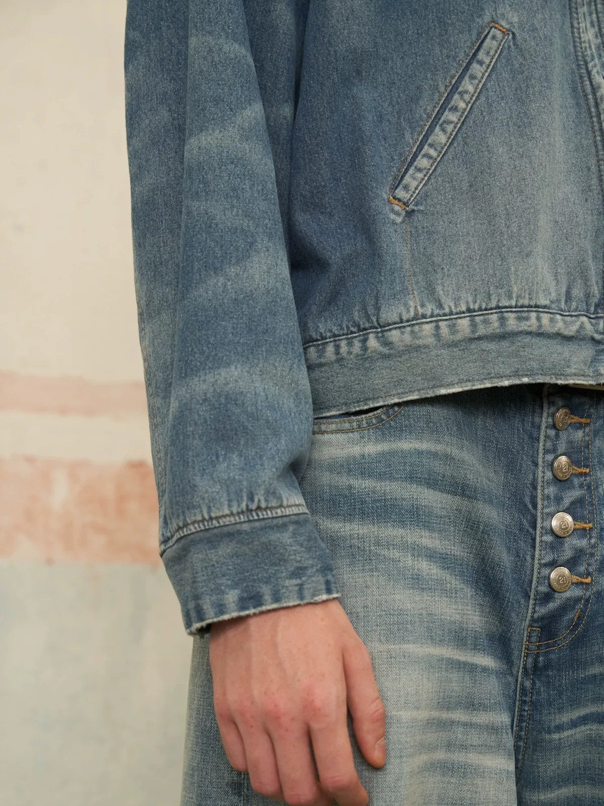 Retro 21 Corduroy Collar Zip Denim Jacket in Blue - On Model