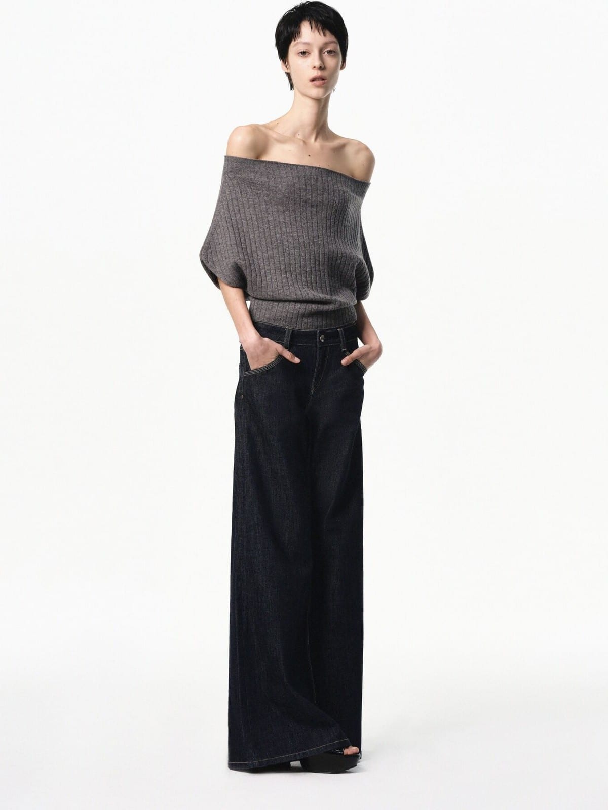 RARELY ALIKE Multi Way Wool Blend Knit Top in Gray - On Female Model