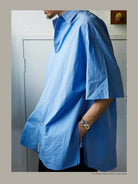 USAGE Cotton Crinkle Short Sleeve Shirt in Blue - On Male Model