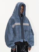 BLINDNOPLAN Distressed Hooded MA 1 Bomber Jacket in Blue - On Female Model