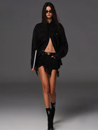 SMFK Long Sleeve Linen Button Down in Black - On Female Model