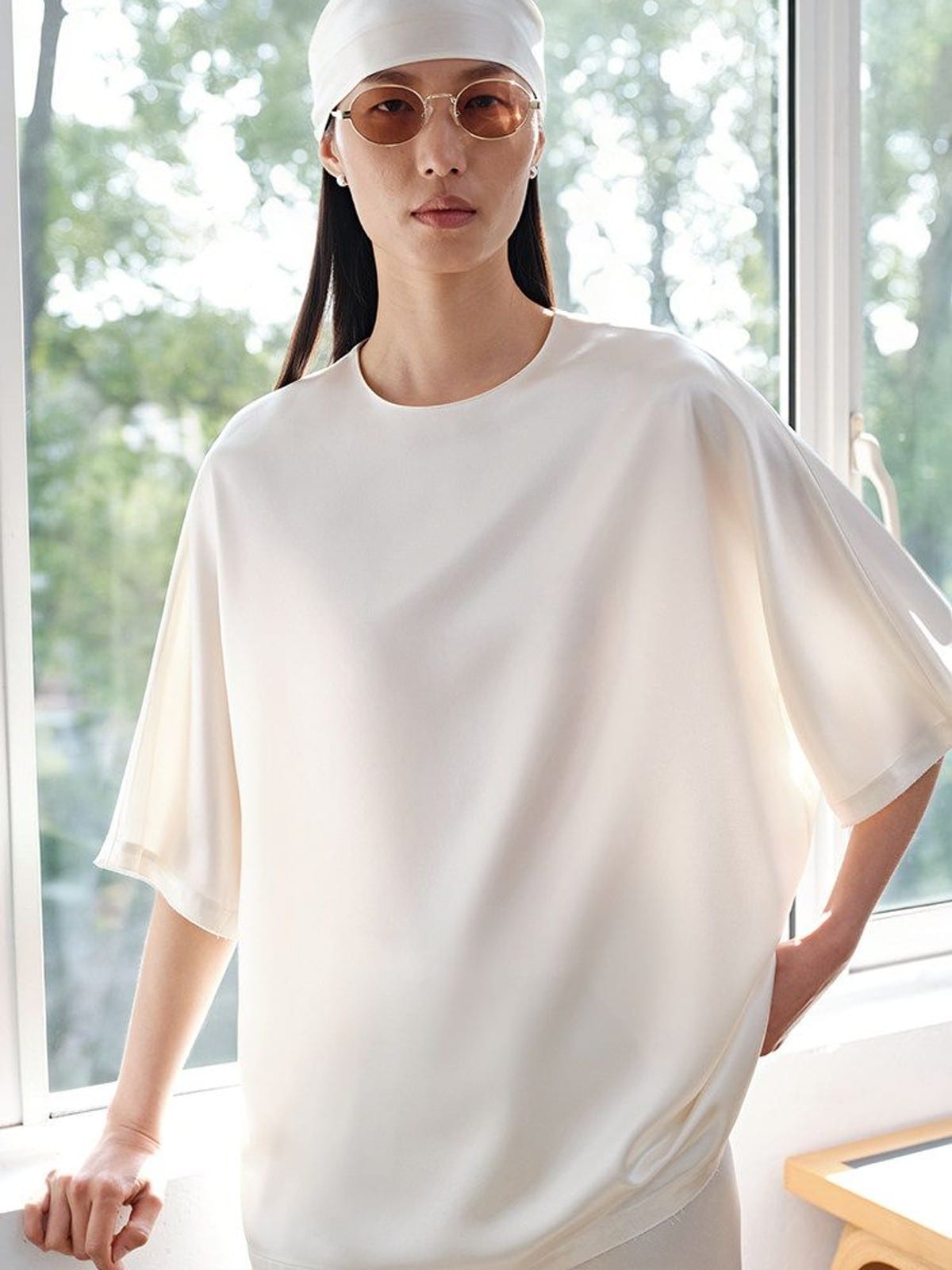 MSBEAST Oversized Acetate Satin T Shirt in White - On Female Model