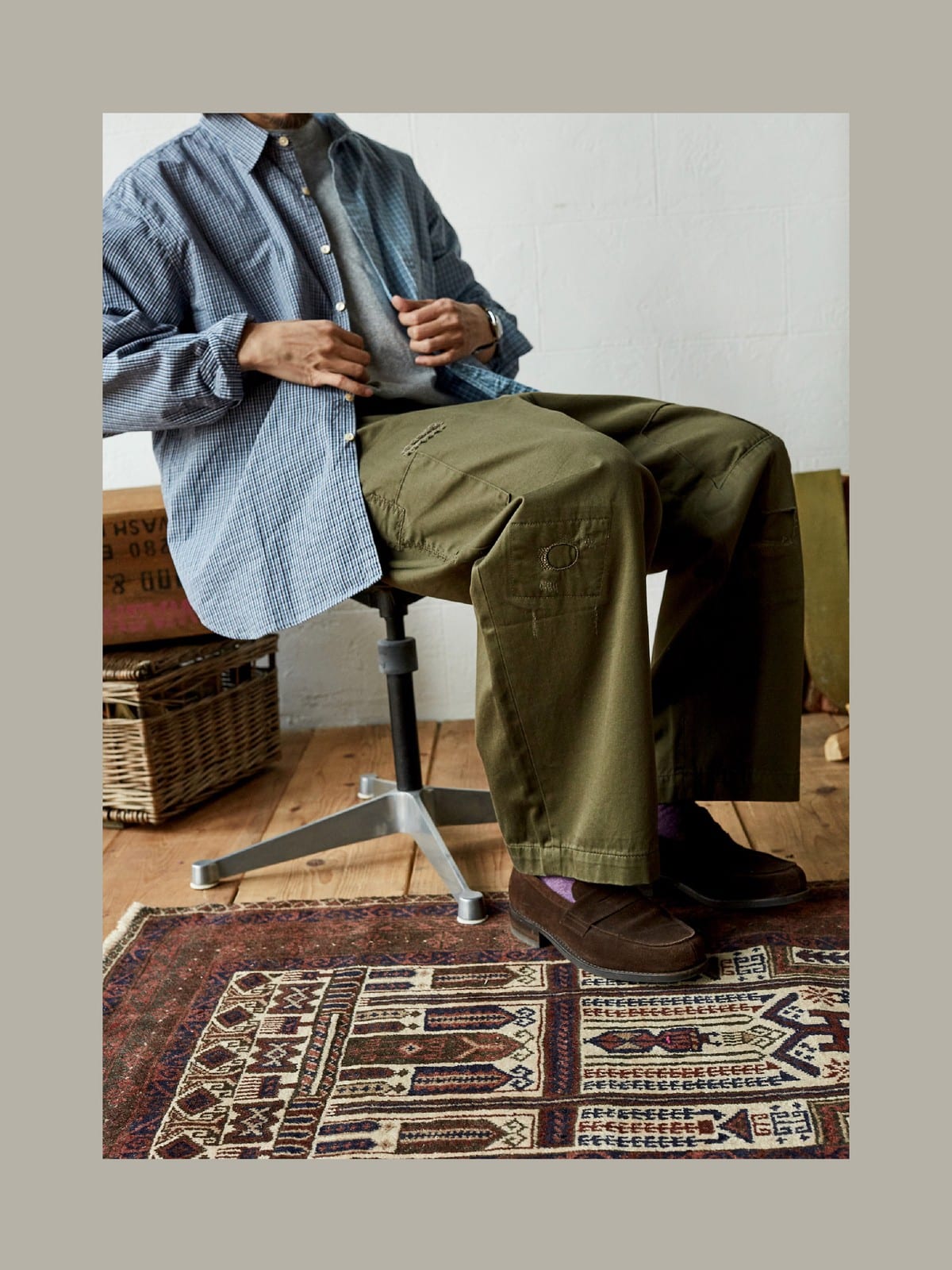 USAGE Hand Distressed Patched Chinos in Olive - On Male Model