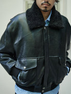 Retro 21 Faux Leather Biker Jacket with Fur Collar in Black - On Male Model