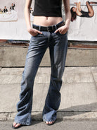 RARELY ALIKE 3D Cut Curved Flared Jeans in Denim - On Female Model