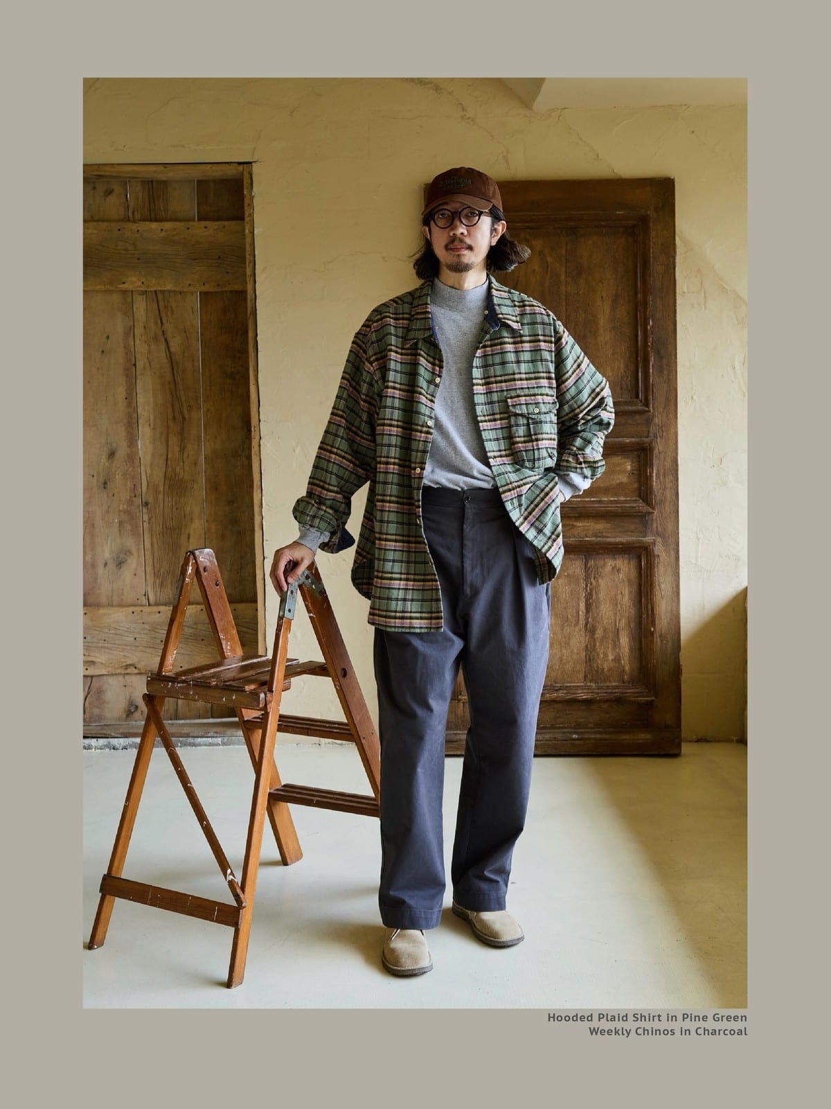 USAGE Detachable Hood Cotton Plaid Shirt in Green - On Male Model